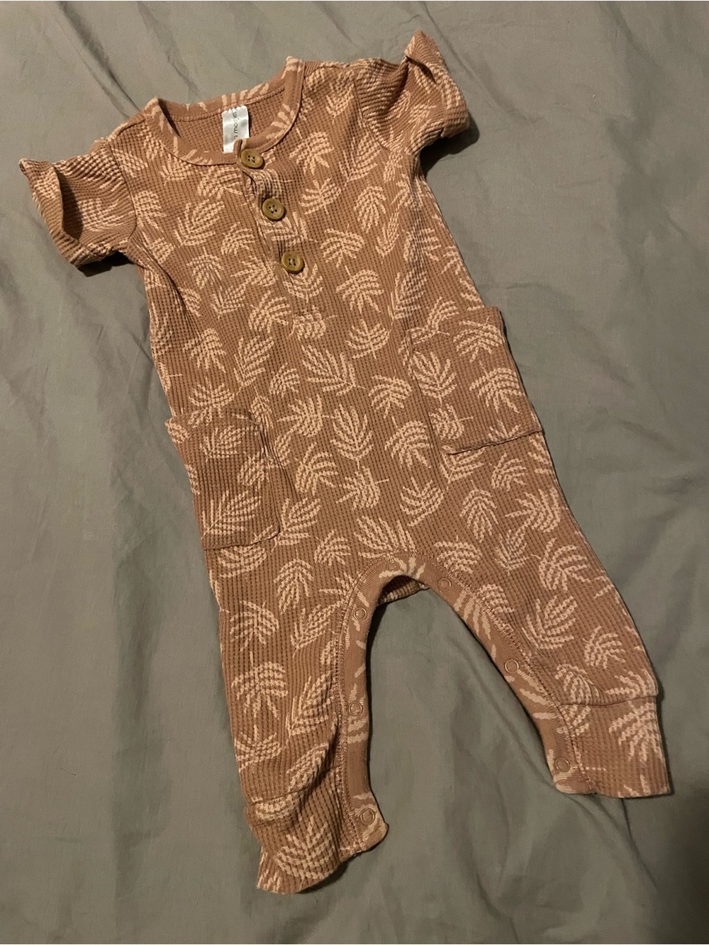 5/$20 Neutral Brown Leaf-Print Ribbed One-Piece Romper